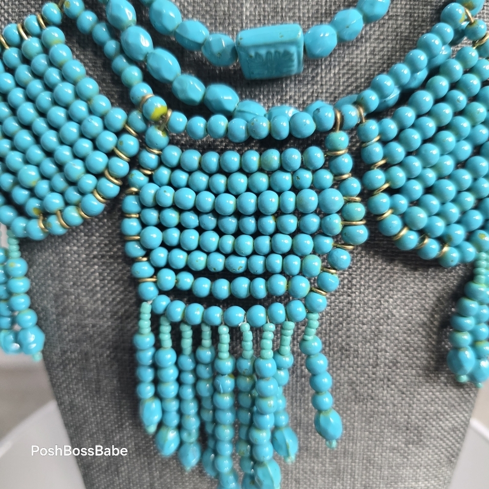 Layered Turquoise Bead Statement Bib Necklace Adj… - image 2